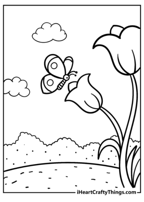 Coloring page featuring flowers and a butterfly.