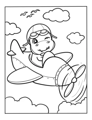 Coloring page featuring a hippo flying an airplane.