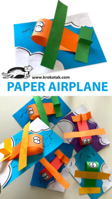 Airplane craft made from folding paper strips and gluing them together onto a blue background.
