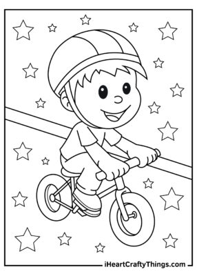 Coloring page featuring a child on a bike with a background of stars