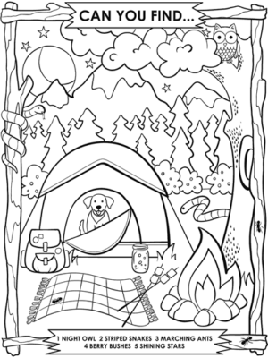 Coloring page featuring a camping scene and asking if you can find things in the picture.