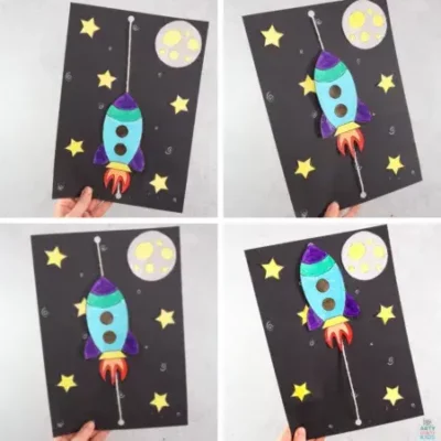 Paper craft with a spaceship flying through space.