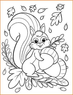 A coloring page featuring a squirrel gathering acorns during the fall.