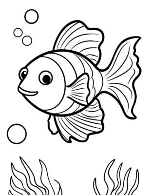 Coloring page featuring a fish swimming above seaweed with bubbles.