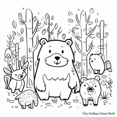 A coloring page featuring animals in the forest.