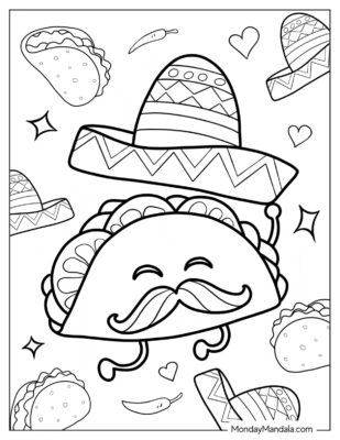 Coloring page featuring a taco with mustache and sombrero.