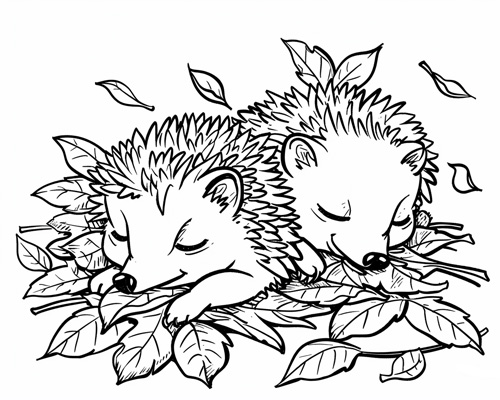 Coloring page with two sleepy hedgehogs curled up together.