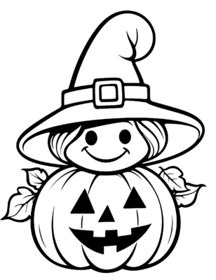 Halloween themed coloring page featuring a head with a witches hat on a pumpkin.