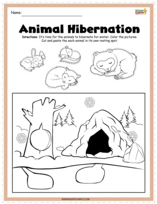 Activity coloring page featuring hibernating animals.