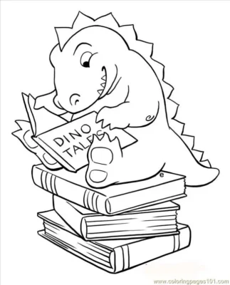 Coloring page featuring a dinosaur reading a stack of books.