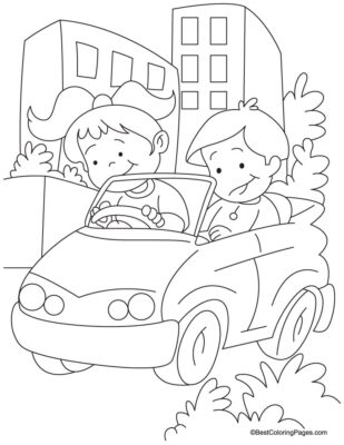 Coloring page featuring two people driving in a car.