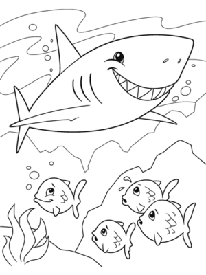 Coloring page featuring a shark and some fish.