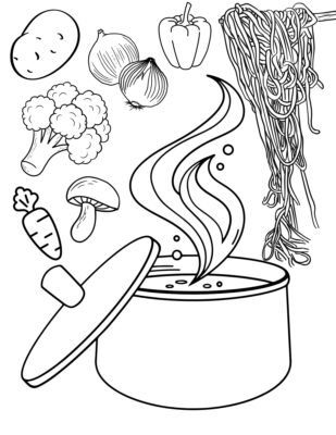 Coloring page featuring a pot and all the ingredients for a delicious soup