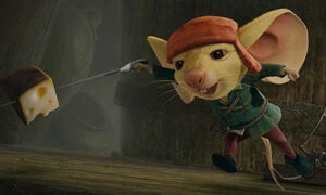 Still from the movie The Tale of Despereaux showing Despereaux spearing a piece of cheese