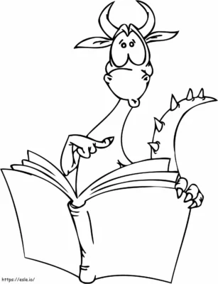 Coloring page featuring a dragon reading a book.