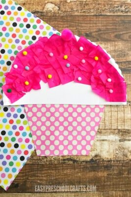 Make a cupcake out of a paper plate, cardstock, and tissue paper.