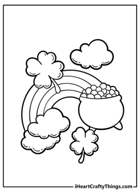 Coloring page with a pot of gold at the end of the rainbow and four leaf clovers.