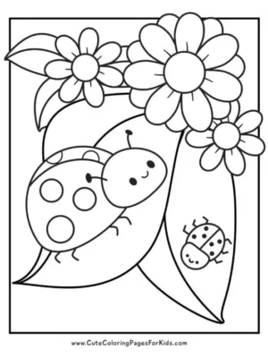 Coloring page with ladybugs on leaves of flowers.